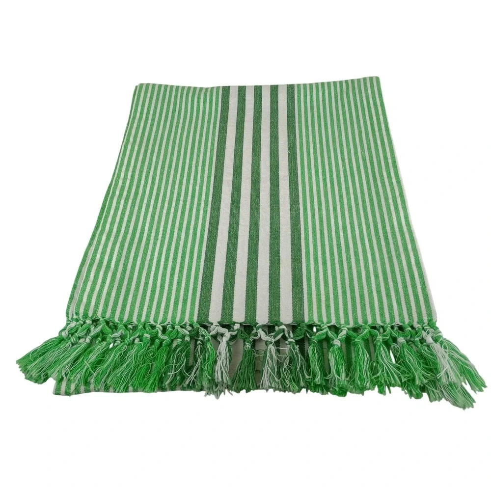 Pier 1 Imports Green White Striped Cotton Table Runner with Tassels 14x72